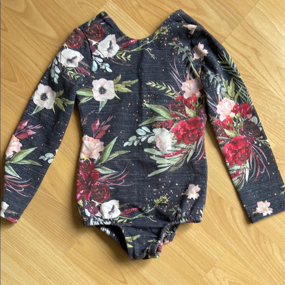 Floral Long-Sleeve Baby/Toddler Bodysuit in Navy with Pink & Red Flowers